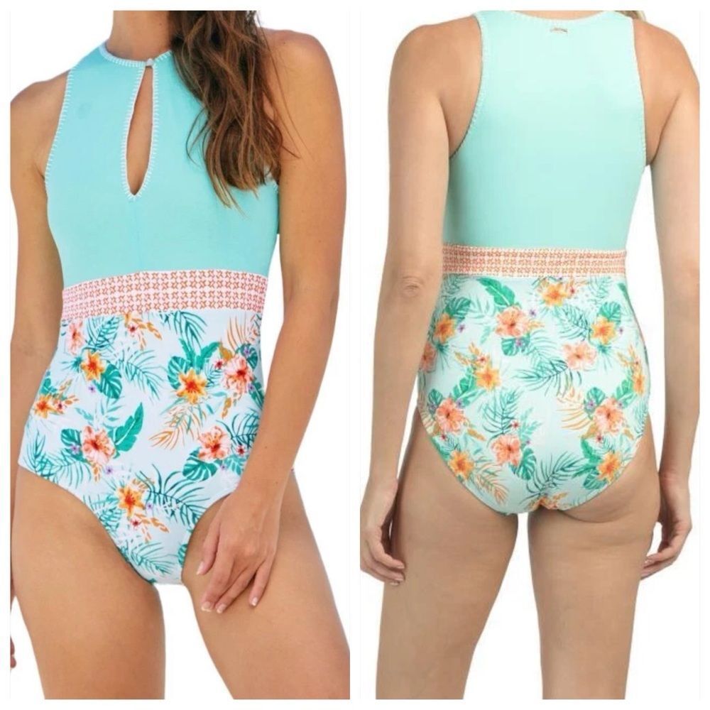 Cabana Life Swimsuit Sz M Cayman‎ Embroidered Keyhole One Piece 50+UV Costal